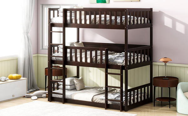 English Elm Twin Size Triple Bunk Bed In Espresso - Space-Saving Rubberwood Design With Ladders And Guardrails W504S00243-GIGA