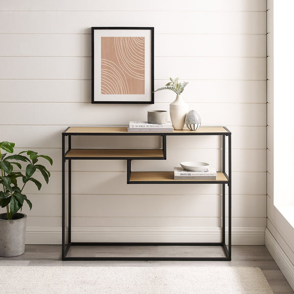 English Elm Walker Edison - Modern Minimal Floating Shelf Entryway Table Coastal Oak — Sleek MDF & Powder-Coated Steel, Warp-Resistant, 2 Display Shelves, Wall-Mount Ready B185P168981