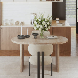 English Elm 55.11"-70.86" Extendable Dining Table with Sculpted Striped Legs Seats Six in Modern Style Ancient White W757P411790