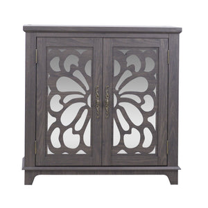 English Elm Elegant Mirrored Sideboard with Butterfly Carved Doors Wood Grain Finish Dining Storage Dark Brown W2899P372739
