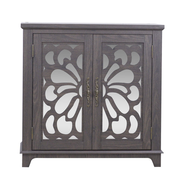 English Elm Elegant Mirrored Sideboard with Butterfly Carved Doors Wood Grain Finish Dining Storage Dark Brown W2899P372739