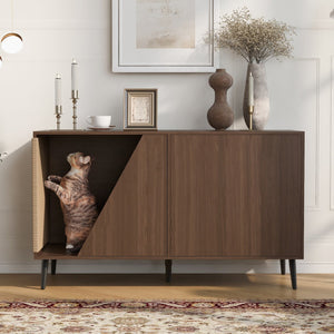 English Elm Cat Furniture Mid-Century Walnut 2‑in‑1 Litter Box Enclosure with Sisal Scratcher & Spring Door Storage N843P254861W