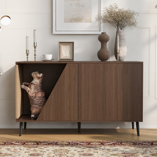 English Elm Cat Furniture Mid-Century Walnut 2‑in‑1 Litter Box Enclosure with Sisal Scratcher & Spring Door Storage N843P254861W