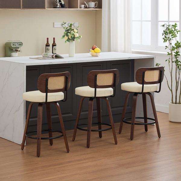English Elm Set of 3 Rattan Counter Stools with Cane Back and Swivel, Upholstered PU Seat, Walnut Finish, Ergonomic Comfort Beige W1143P300158