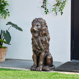 English Elm 20.5" Matte Resin Lion Sculpture Hand Carved Guardian Statue for Garden or Entryway Brown W5709P490972