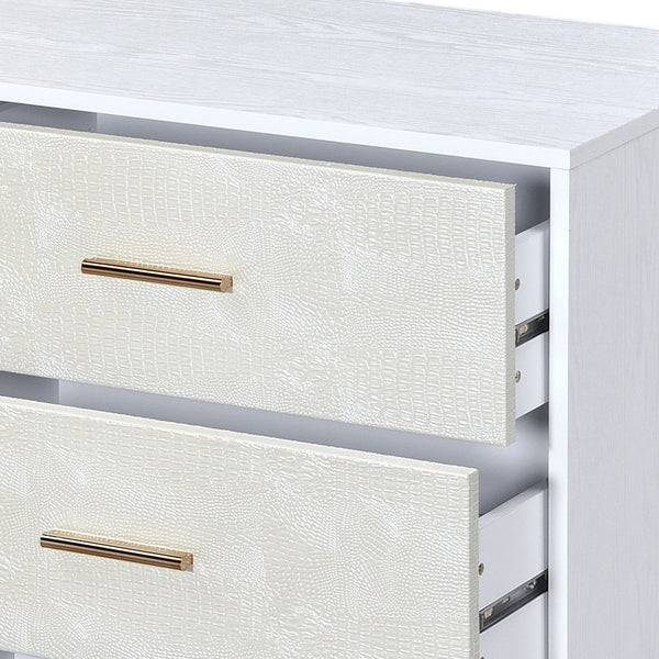 English Elm White Champagne Faux Crocodile 6-Drawer Dresser with Gold Legs and Pulls — Elegant White Frame, Luxe Texture, 47" Wide Storage Retreat B062P209045
