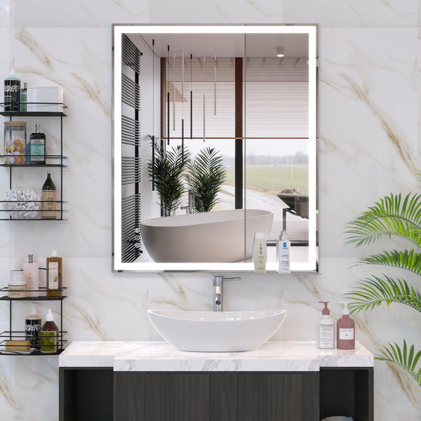 English Elm 30x36 LED Bathroom Mirror Silver Frame, Touch Dimmer, Anti-Fog, IP44 Waterproof, Tray Shelf, Smart Memory Lights W708P176757