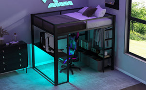 English Elm Full Metal Gaming Loft Bed with LED Lighting, Built-In Desk, Open Wardrobe and 3 Drawers for Space-Saving Comfort Black GX001133AAB
