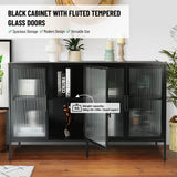 English Elm Stylish 4-Door Tempered Glass Cabinet With 4 Glass Doors Adjustable Shelf and Feet Anti-Tip Dust-Free Fluted Glass Kitchen Credenza Black