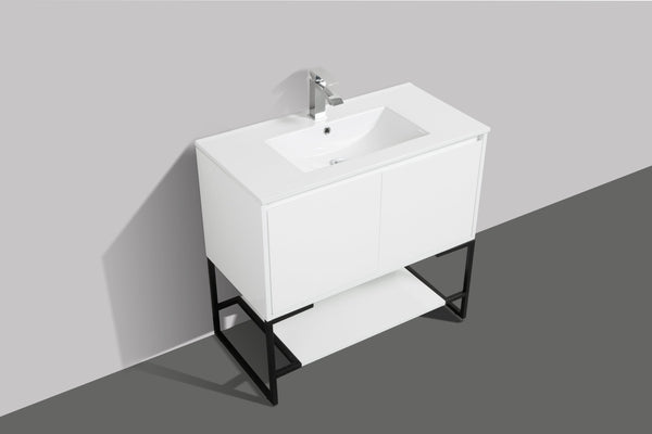 English Elm 36" Floating Bathroom Vanity Base Glossy White Wall Mount Soft Close Cabinet W1920P263626