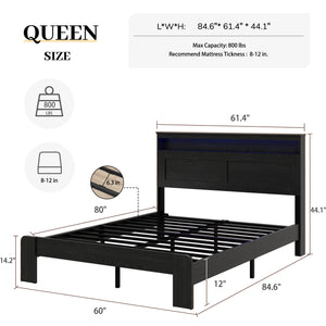 English Elm Bed Frame Queen Size With Storage, Led Headboard & Usb Charging - Easy Assembly, Noise-Free Design! W636P265339