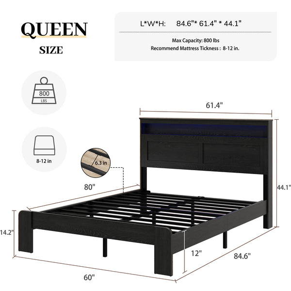 English Elm Bed Frame Queen Size With Storage, Led Headboard & Usb Charging - Easy Assembly, Noise-Free Design! W636P265339