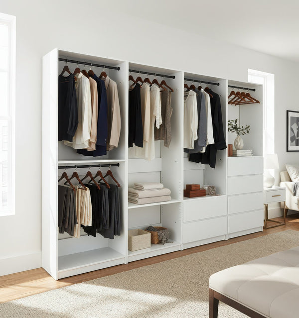 English Elm Prosper Freestanding White Walk-In Wood Closet System – Durable Melamine, Oak Finish, Modular Storage, Easy Assembly B040S00134