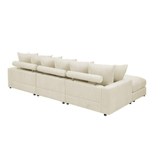 English Elm Reversible Corduroy Sectional with Ottoman Foam Cushions and Contrast Stitching Ivory B343S00049