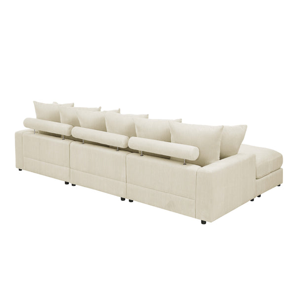 English Elm Reversible Corduroy Sectional with Ottoman Foam Cushions and Contrast Stitching Ivory B343S00049