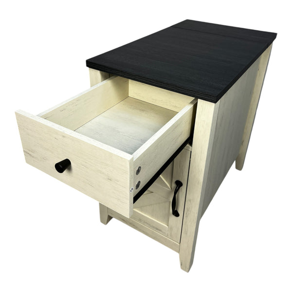 English Elm Farmhouse Nightstand with Charging Station and Barn Door Drawer — USB-C, AC Outlets, Compact Storage White+Black W1412P230408