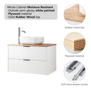 English Elm 32-Inch Modern Minimalist Wall-Mounted Bathroom Vanity With Solid Wood Top And Square Ceramic Sink W3151S00009