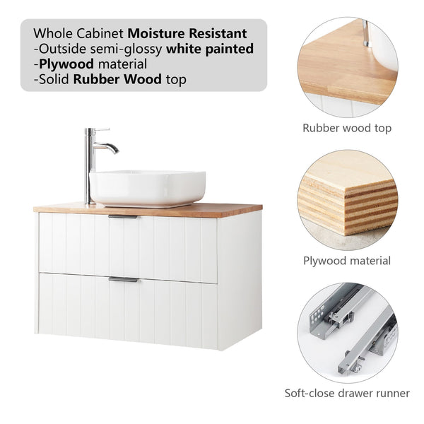 English Elm 32-Inch Modern Minimalist Wall-Mounted Bathroom Vanity With Solid Wood Top And Square Ceramic Sink W3151S00009