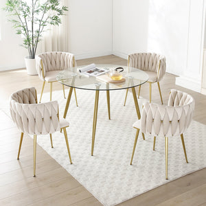 English Elm Modern Velvet Dining Chairs Set of 2 with Woven Backrest and Gold Metal Legs, Elegant Arc Design for Home Beige W1117P209795