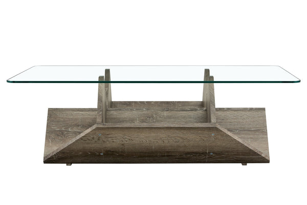 English Elm Tempered Glass Top Coffee Table with Carved Wood Grain Mdf Base and Open Storage W3875P387030