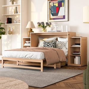 English Elm Full Golden Murphy Bed with Storage Drawers & Shelves, Space-Saving Wall Cabinet for Guests W1580S00254