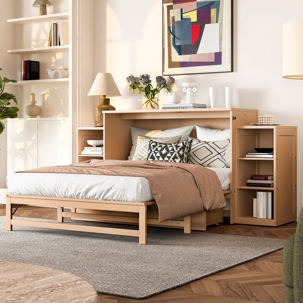 English Elm Full Golden Murphy Bed with Storage Drawers & Shelves, Space-Saving Wall Cabinet for Guests W1580S00254