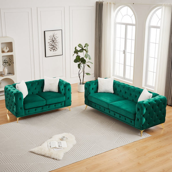 English Elm Fx Chesterfield Sofa Set Tufted Tech Fabric Upholstered Living Room Seating Combo Green W1926S00086