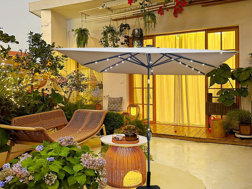 English Elm Square Solar Led Patio Umbrella with Wind Vent Crank Lift and Cross Base for Outdoor Shade Mushroom W656P242121