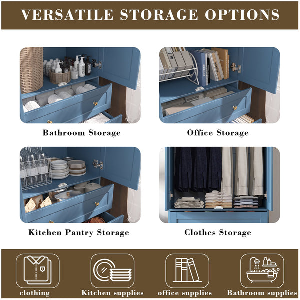 English Elm Shaker Two Door Wardrobe Armoire with Hanging Rod Drawers and Bedroom Storage T3210P477664