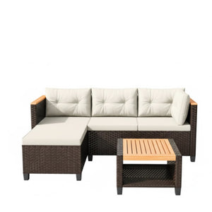 English Elm 3-piece Outdoor Pe Rattan L-shaped Sectional with Acacia Storage Table for Patio Beige+Brown B082P455128