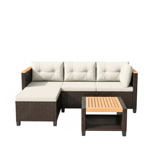 English Elm 3-piece Outdoor Pe Rattan L-shaped Sectional with Acacia Storage Table for Patio Beige+Brown B082P455128
