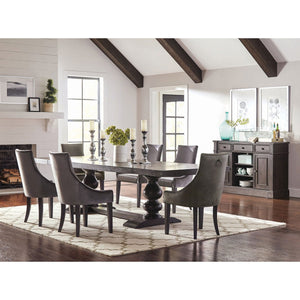 English Elm Vallerie Transitional 8-Piece Dining Set in Antique Noir with Grey Velvet Chairs, Nailhead Trim, Server B062S00887