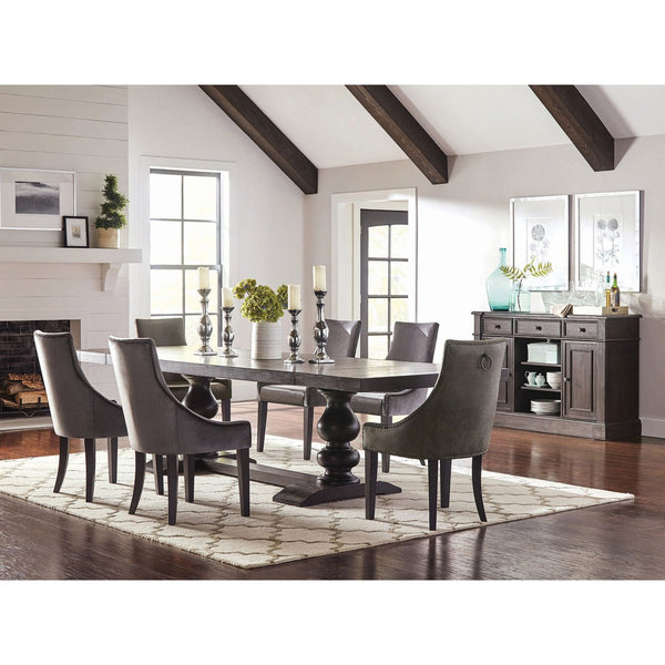 English Elm Vallerie Transitional 8-Piece Dining Set in Antique Noir with Grey Velvet Chairs, Nailhead Trim, Server B062S00887