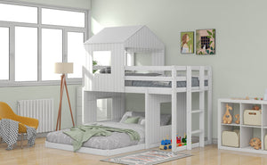 English Elm Wooden Twin Over Full Bunk Bed Farmhouse Playhouse Design with Ladder Guardrails LT000327AAK-1