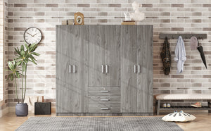 English Elm 6-doors Mdf Wardrobe with Large Drawers Streamlined Bedroom Storage Modern Design Gray N820000010E