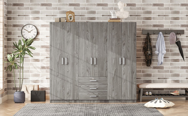 English Elm 6-doors Mdf Wardrobe with Large Drawers Streamlined Bedroom Storage Modern Design Gray N820000010E