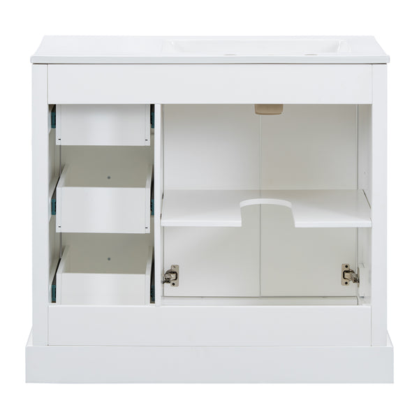 English Elm 36'' Transitional Bathroom Vanity with Ceramic Sink, Solid Wood Frame, Adjustable U-Shelf & Soft-Close Doors White N729P292966K