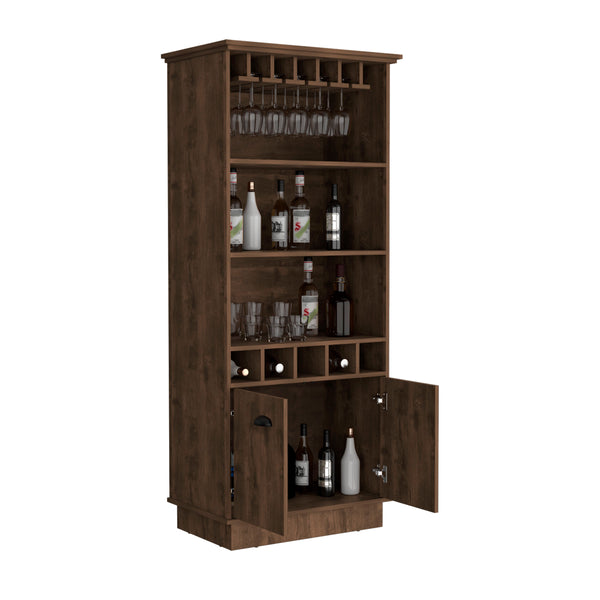 English Elm Dundee 70-Inch High Bar Cabinet with 10 Glass Doors, 5 Cubbies, 3 Shelves for Wine & Decor Brown 69 L x 24 W x 4 H B070S00319