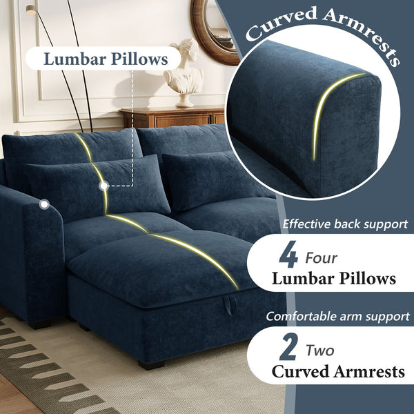 English Elm U_style Modular U-shaped Sectional Sofa Six Seat Linen Fabric with Storage Ottomans Dark Blue WY000491AAC