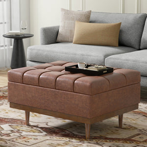 English Elm Mariah Distressed Saddle Brown Storage Ottoman Coffee Table with Tufted Vegan Leather, Lift-Up Lid and Walnut Base B136P252702