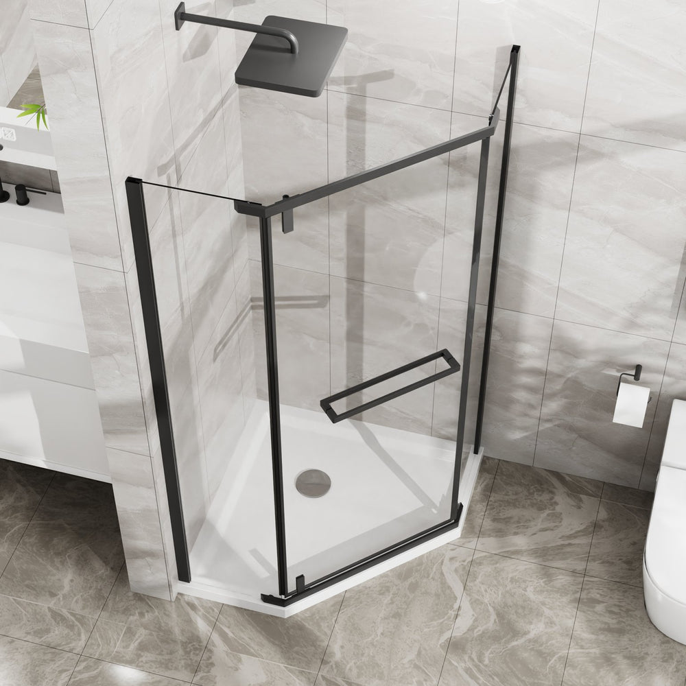 English Elm Goodyo Neo-Angle Frameless Shower Door 36x36x72 Corner Enclosure with 1/4" Tempered Glass, Matte Finish, 304 Stainless Hardware, Easy-Clean Black D163107681