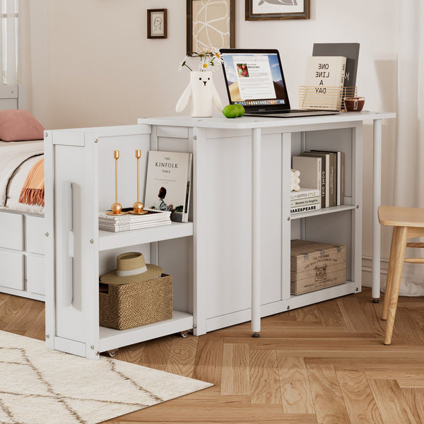English Elm Twin Multifunctional Wood Platform Bed with Built-In Desk, Trundle & 3 Drawers for Small Spaces White 44.3 L x 23.1 W x 9 H N733S212832K