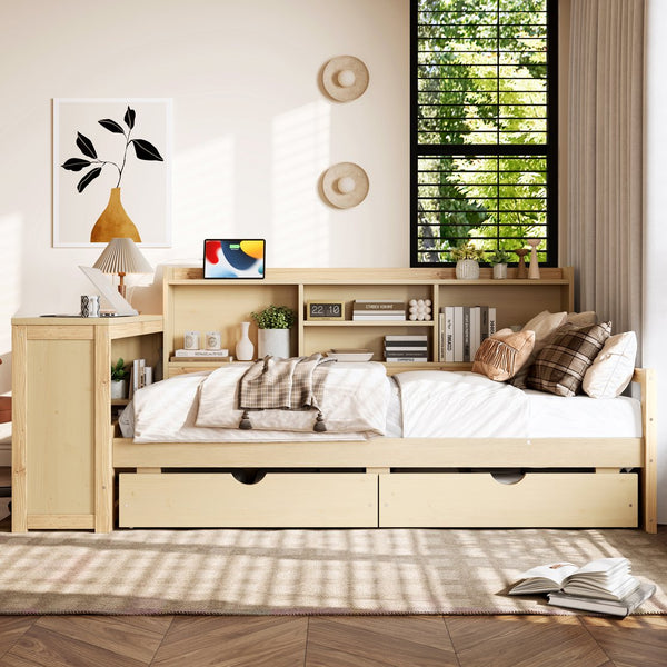 English Elm Twin Corner Daybed Pine Frame Built in Desk Bookcase Drawers Charging Kids Room Natural W697S00042