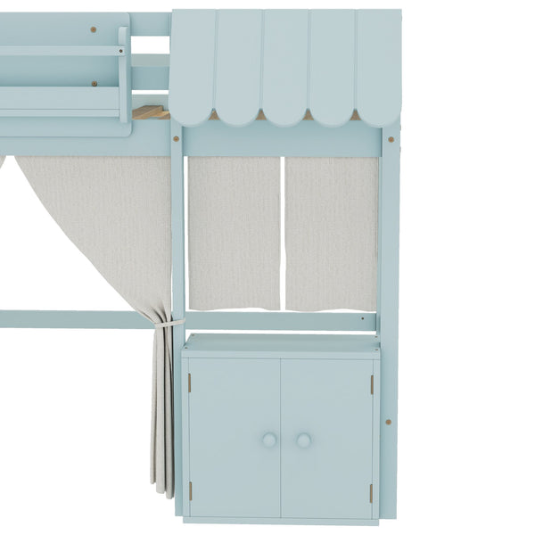 English Elm Full Loft Bed With Playful Cottage Design, Built-In Bookshelf, Curtain & Safety Guardrails For Kids W1580S00360