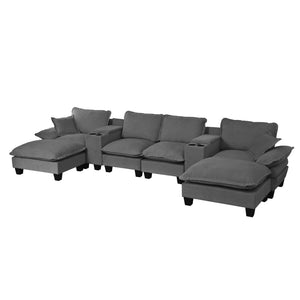 English Elm Modular U-shaped Chenille Sectional Sofa with Storage Consoles Usb Charging and Ottomans Grey W3163S00126