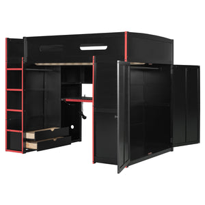 English Elm Full Size Gaming Loft Bed with Rgb Lighting Desk Wardrobe and Built-in Storage Red LT100261AAR