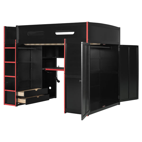 English Elm Full Size Gaming Loft Bed with Rgb Lighting Desk Wardrobe and Built-in Storage Red LT100261AAR
