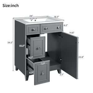 English Elm 24" Gray Bathroom Vanity Cabinet with Ceramic Sink, Soft-Close Door, 2 Drawers, Smart Storage, Durable Design N729P264336E