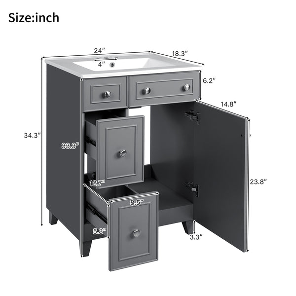 English Elm 24" Gray Bathroom Vanity Cabinet with Ceramic Sink, Soft-Close Door, 2 Drawers, Smart Storage, Durable Design N729P264336E