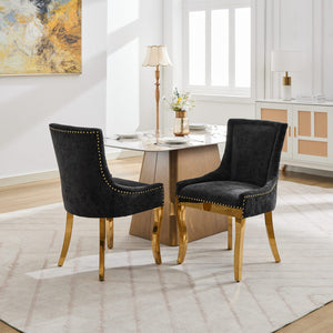 English Elm Chenille Modern Dining Chair with Curved Gold-Plated Legs, Rivet Trim, Textured Upholstery Comfort Black W1143P332685